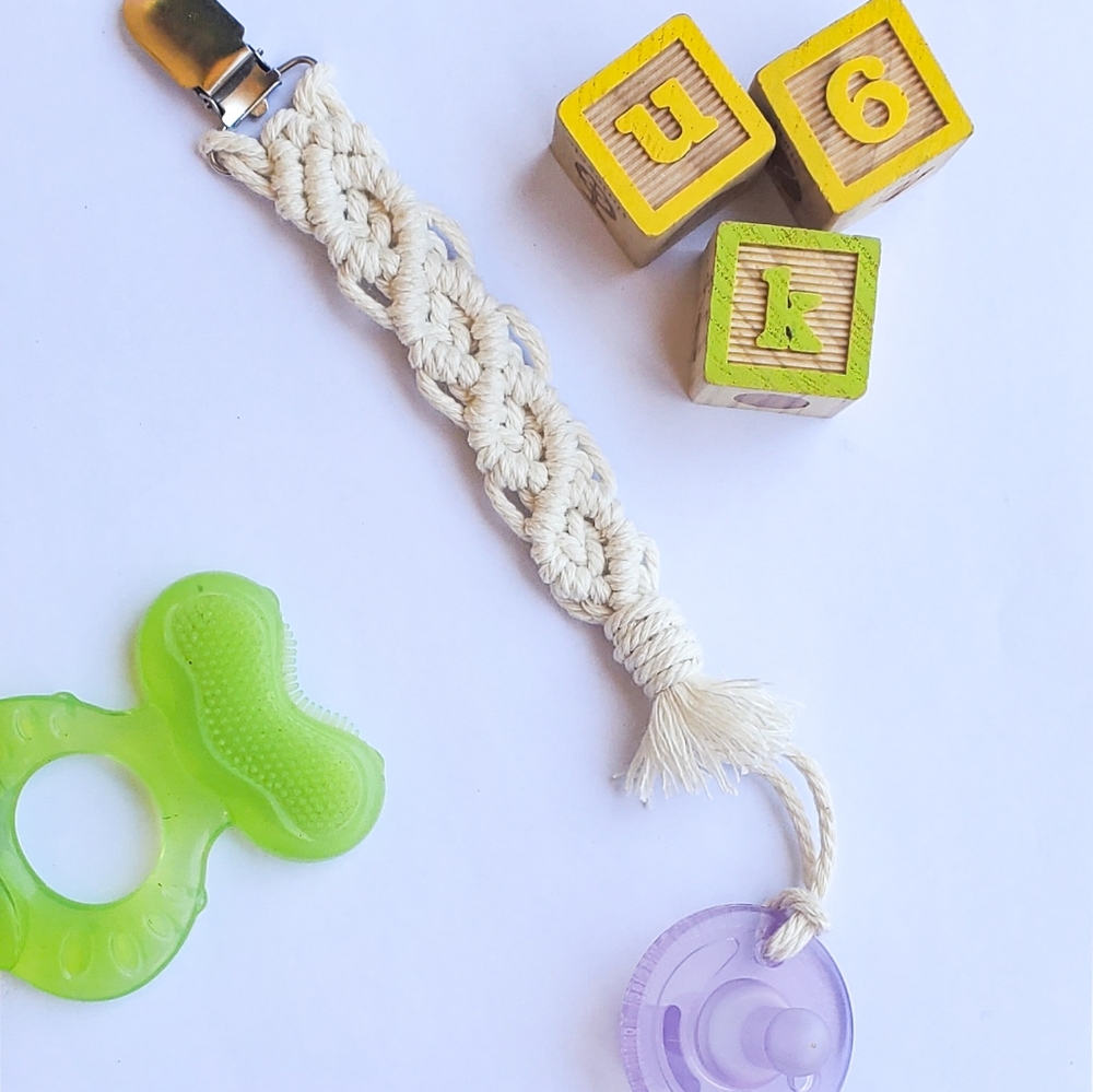 Boho Baby Accessory Handmade Macrame Pacifier Clip - Picture 2 of 4